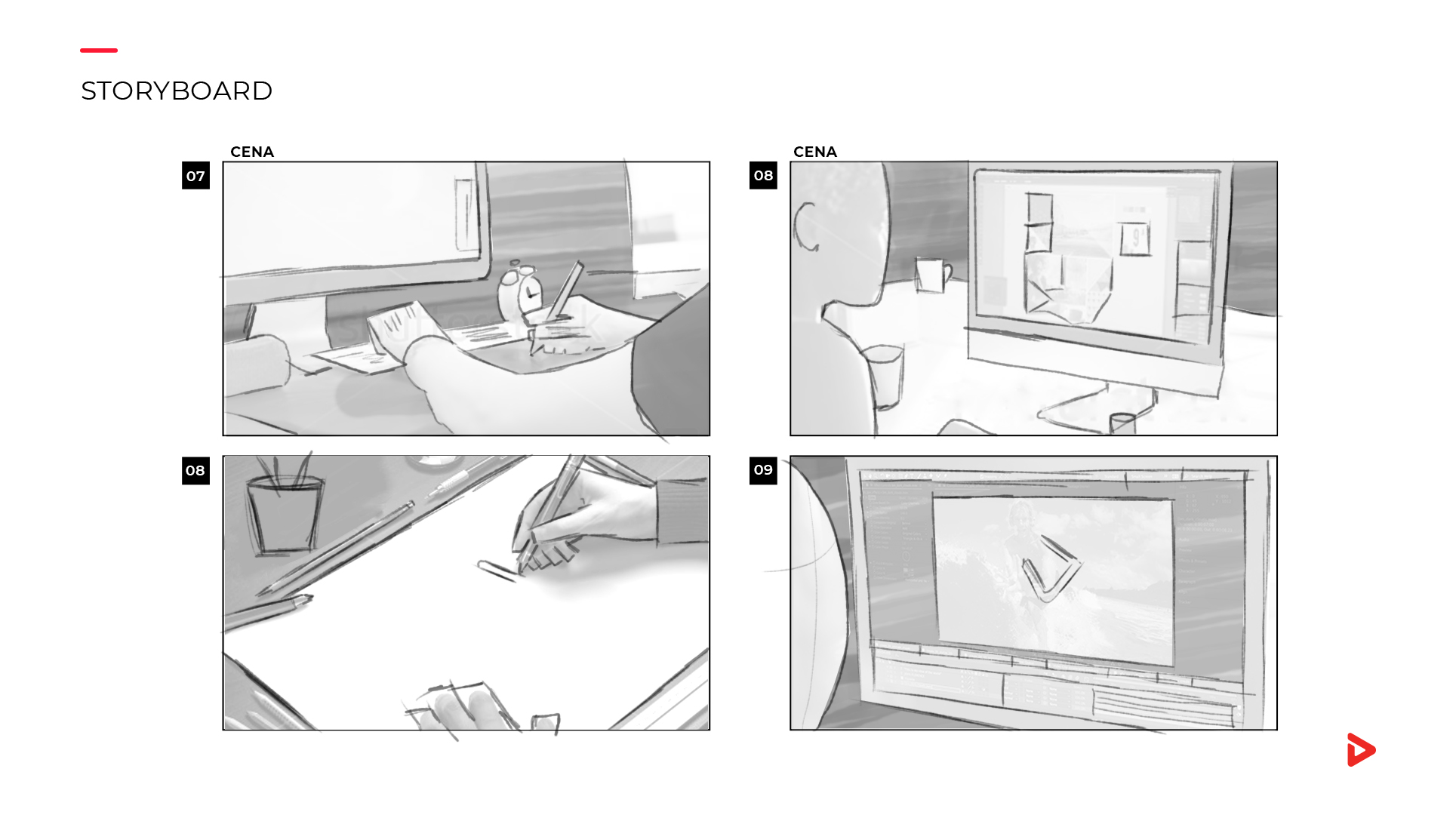 Exemplo de um trecho de um storyboard de um vídeo corporativo. (Arte: Dásio Maia/ Voxel Digital) Exemplo de um trecho de um storyboard de um vídeo corporativo. (Arte: Dásio Maia/ Voxel Digital)